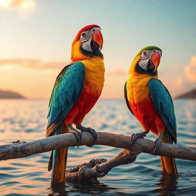 The image features two colorful parrots perched on a wooden branch. The parrots are positioned close to each other, creating a sense of companionship. The branch is located near a body of water, which adds to the serene and natural atmosphere of the scene. The vibrant colors of the parrots and the water create a lively and cheerful mood.